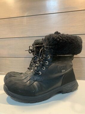 Ugg Mens Butte Waterproof Winter Boots Black Leather Sheepskin Size 10 Casual